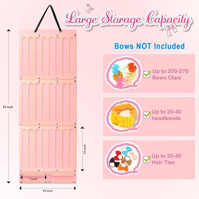 Hair Bows Holder & Organizer w/Extra Large Capacity, Head Bows Hanger, 27 Ribbons, Baby Hair Accessory Storage Display with Sturdy Rope, Wall Hanging for Girl Room