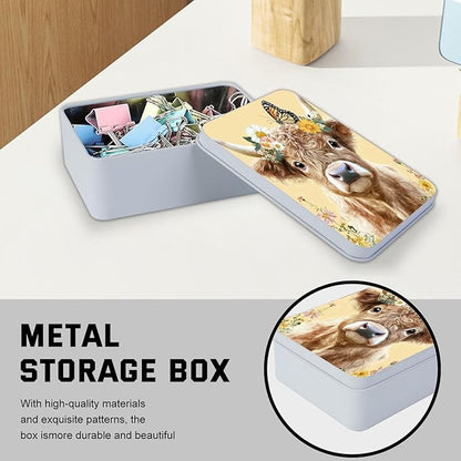 Metal Tin Box with Lid for Game Cards Home Organizer Candles Keys Crafts Storage - Equipped with 4 Magnetic Cord Clips，Cute Cow Butterfly