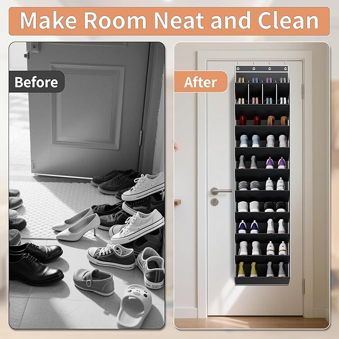 KYEVIS 10-Tier Large Size Over the Door Shoe Organizer, 20 Pairs Hanging Shoe Rack for Closet with Deep Pockets, Space-Saving Storage for Sneakers, Boots Heels (Black)