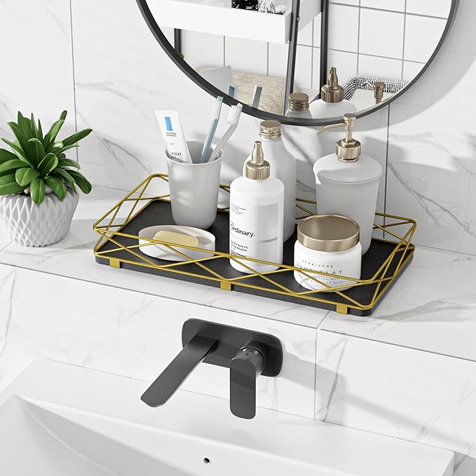 Lixple Toilet Paper Basket Holder, 13" Toilet Tank Tray, Wood and Metal Toilet Tray Vanity Organizer Bathroom Tray, Kitchen Sink Organizer for Soap Dispenser (Black + Gold)