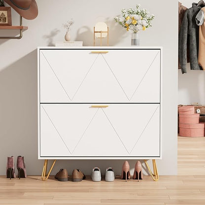 JOZZBY Shoe Cabinet for Entryway Slim Set of 2, White Shoe Cabinet with 2 Flip Drawers, Narrow Shoe Storage Cabinet, Slim Shoe Rack for Entryway, Hallway, Living Room