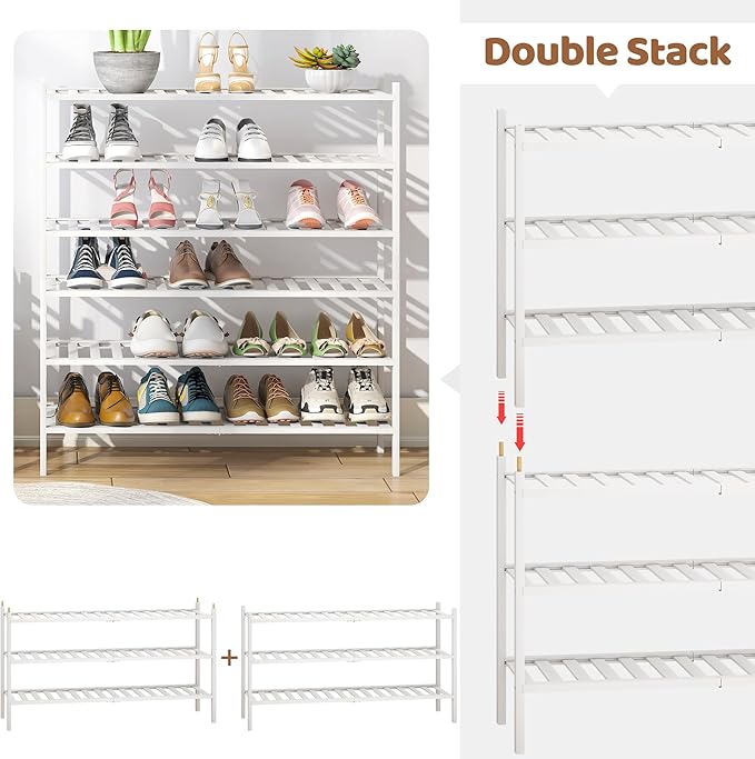 Bamboo Shoe Rack Stackable Shoe Shelf Storage Organizer for Unit Entryway Hallway and Closet Sturdy Freestanding Long Shoe Shelf(3L Tier White)