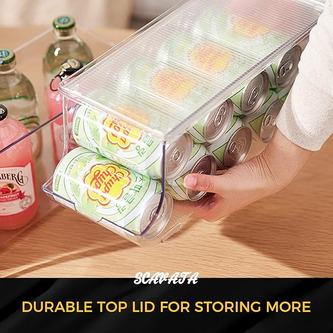 SCAVATA 4 Pack Soda Can Organizer for Refrigerator, Stackable Canned Food Pop Cans Container Can Holder Dispenser with Lid for Fridge Rack Freezer, Clear Storage Bins-Holds 12 Cans Each (Transparent)