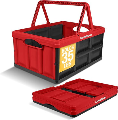 CleverMade Collapsible Shopping Basket 32L – Folding Grocery Basket with Handles, Stackable Reusable Storage Crate with 35 lb Capacity, Recycled Plastic, Car Trunk Organizer - Red