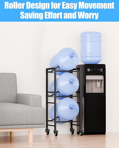 5 Gallon Water Jug Holder, Movable 3 Tier Heavy Duty Water Rack with 4 Wheels, Rack for Water Jug Storage, Space Saving Water Stand for Three 5 Gallon Water Jugs, Black