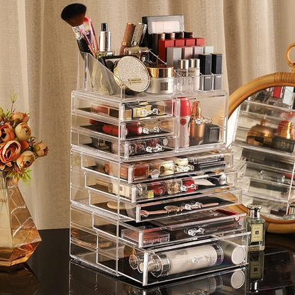 Cq acrylic Makeup Organizer Countertop For Vanity With 9 Drawers,Large Clear Plastic Make Up Storage for Jewelry,Hair Accessory,Beauty,Skin Care,Skincare Product Bathroom Organizer,Set of 4