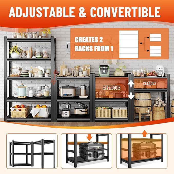72''H Garage Shelving,3300LBS Heavy Duty Garage Shelving,35"W Industrial Shelving,Adjustable Storage Shelf Unit with Double Layer Posts for Garage,Basement,Warehouse,Commercial,Black 5 Tier