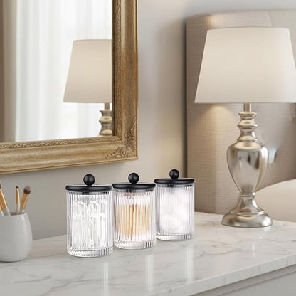 SheeChung 4-Pack Black Ribbed Glass Qtip Holder - Apothecary Jars Bathroom Organizer Set with Lids - Vanity Storage Canisters for Cotton Balls, Pads, Swabs, Floss Picks - Modern Farmhouse