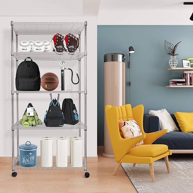 YSSOA 5-Tier Heavy Duty Storage Shelves, 1750 Lbs Loading Capacity, 35.43" W x 17.72" D x 70.87" H Adjustable Shelving Unit with Wheels, Chrome