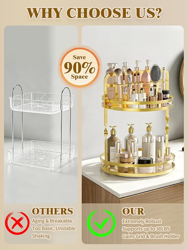 360 Rotating Makeup Organizer Vanity, Gold Perfume Organizer for Dresser, 2 Tier Bathroom Organizer Countertop, Lazy Susan Spinning Perfume Stand for Women, Skincare Storage with Brush Holder