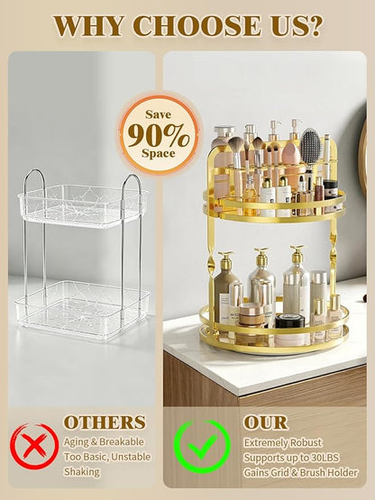 360 Rotating Makeup Organizer Vanity, Gold Perfume Organizer for Dresser, 2 Tier Bathroom Organizer Countertop, Lazy Susan Spinning Perfume Stand for Women, Skincare Storage with Brush Holder