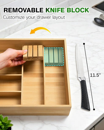 HULISEN Double Layer Bamboo Utensil Drawer Organizer, 2 Tier Silverware Cutlery Drawer Organizer with Sliding Top & Removable Knife Holder, Deep 8-Slot Kitchen Drawer Organizer