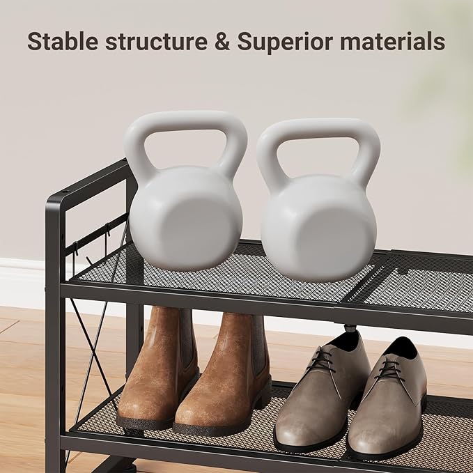 ELYKEN Shoe Rack, 4-Tier Expandable Shoe Organizer for Entryway, Metal Black Shoe Shelf with 8 Hooks, Adjustable Shoe Stand Holder for Closet, Garage, Door Entrance