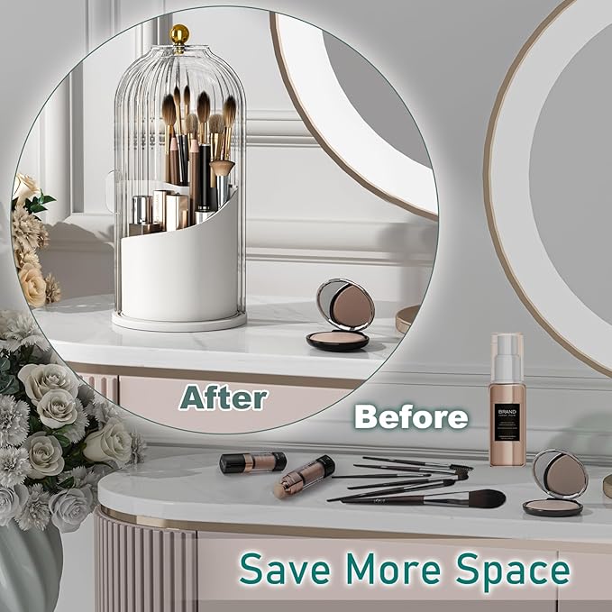 GAXmi Makeup Brush Holder with Lid Cosmetic Tools Organizer 360 Rotating Waterproof Dustproof Beauty Brushes Storage for Vanity, Grey