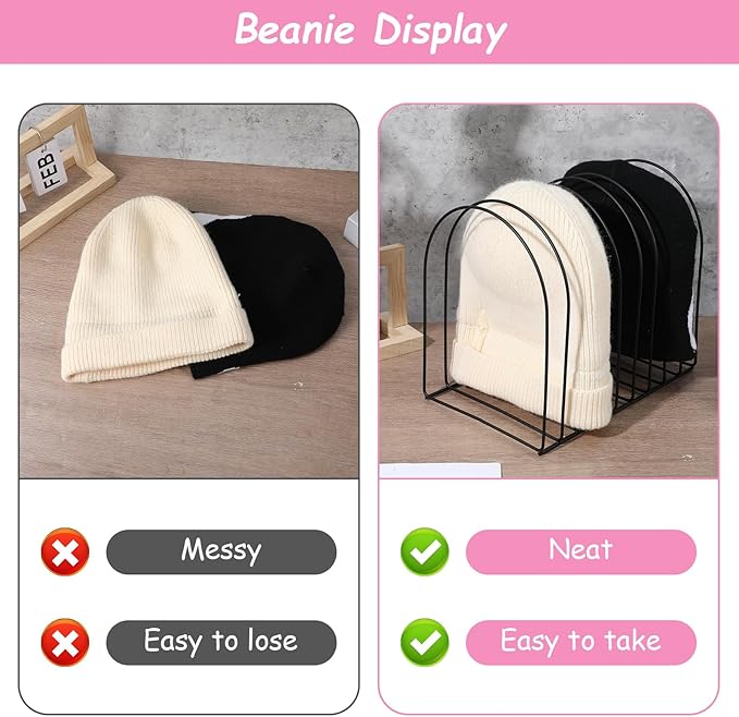 2 Pcs Heavy Duty Metal Beanie Holder Organizer, Knitted Hat Storage Display Rack Stand for Winter Cap, Home Entryway Tabletop Bedroom Closet Dresser Office, Black