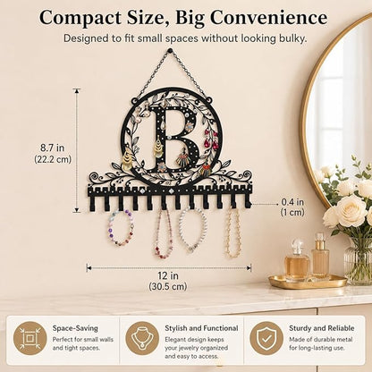 Wall-Mounted Metal Initial Letter B Earring Holder Hanging Jewelry Organizer for Earrings and Necklaces Space-Saving Wall Display with Hooks for Jewelry Storage