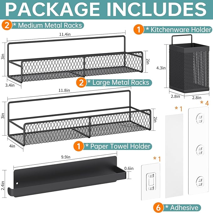 DTUQYX Spice Rack Wall Mounted 6 Pack: 100% Metal & Strong Adhesive Spice Organization for Kitchen Cabinet/Pantry Door, No Drill Hanging Seasoning Organizer with Paper Towel Holder, Utensil Caddy