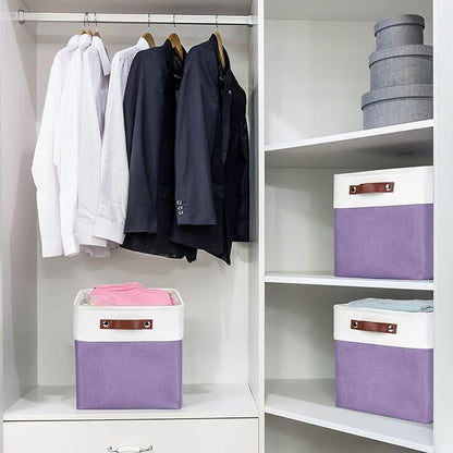 Bagnizer Collapsible Fabric Storage Cubes 11x11 Cube Storage Bins, 4 Pack Closet Baskets Box with Handles for Organizing, Shelf, Toys, Clothes, Home, Office, Nursery (Purple&White)
