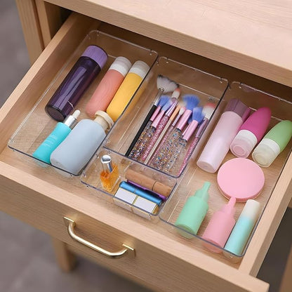 12 Pcs Clear Plastic Drawer Storage Organizer, 12"x 6"x2", 9"x6"x2", 6"x3"x2", Kitchen Bathroom Fridge Utensil Vanity Drawer Organizers Makeup Storage Organizer Drawers Trays for Organization Office