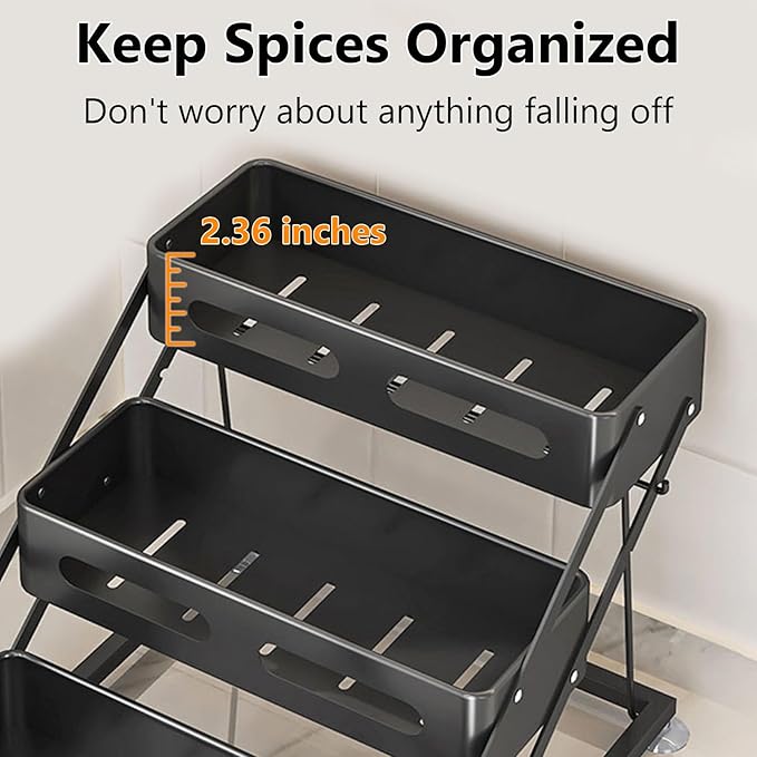 Ceetug 3 Tier Foldable Spice Rack for Countertop Iron Kitchen Seasoning Organizer for Cabinet, Black