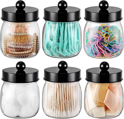6 Pack Qtip Holder Bathroom Set, SheeChung Plastic Mason Jar Apothecary Jar Set for Bathroom Vanity Storage Organizer, Farmhouse/Home Decor, 12 Labels (Black)