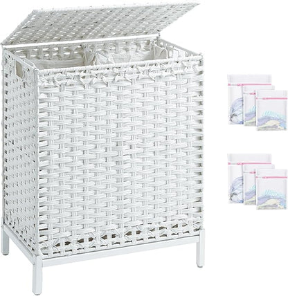SETVSON Laundry Hamper with Lid,112 L Handwoven Rattan Wicker Laundry Basket, 2 Removable Liner Bags Metal Heightened Feet,6 Mesh Bags,2 Section Large Clothes Hamper for Bathroom Bedroom, Cloud White