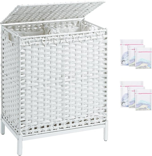 SETVSON Laundry Hamper with Lid,112 L Handwoven Rattan Wicker Laundry Basket, 2 Removable Liner Bags Metal Heightened Feet,6 Mesh Bags,2 Section Large Clothes Hamper for Bathroom Bedroom, Cloud White