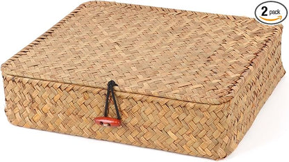 Moosky Flat Wicker Shelf Baskets with Lid, Seagrass Woven Basket Boxes for Storage Basket Bins Multipurpose Home Decor Organizer (Natural Small)