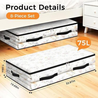 8 Pack Under Bed Storage Bags, 75L Foldable Clear Storage Containers with Handles, Dual Zippers for Comforter, Clothes, Bedding, Linen Sheets, Sweaters, Blanket Storage