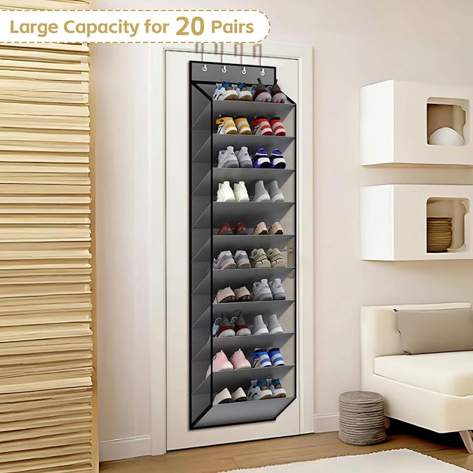 KEEPJOY 10 Tiers Mesh Over Door Shoe Organizer Storage, Hanging Shoe Holder for Door with Large Deep Pockets, Holds 20-30 Pairs of Shoes, Ideal for Sneakers & Boots(Grey)
