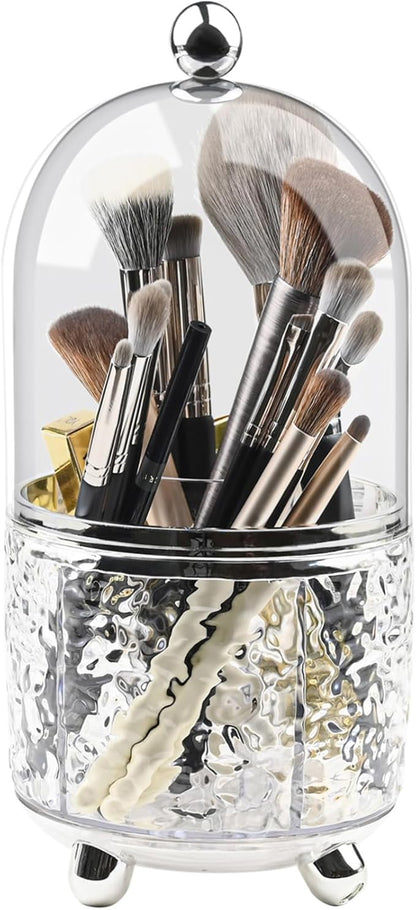 Makeup Brush Holder with Lid Cosmetic Tools Organizer 360 Rotating Make up Brushes Storage for Vanity, Waterproof & Dustproof (Clear)