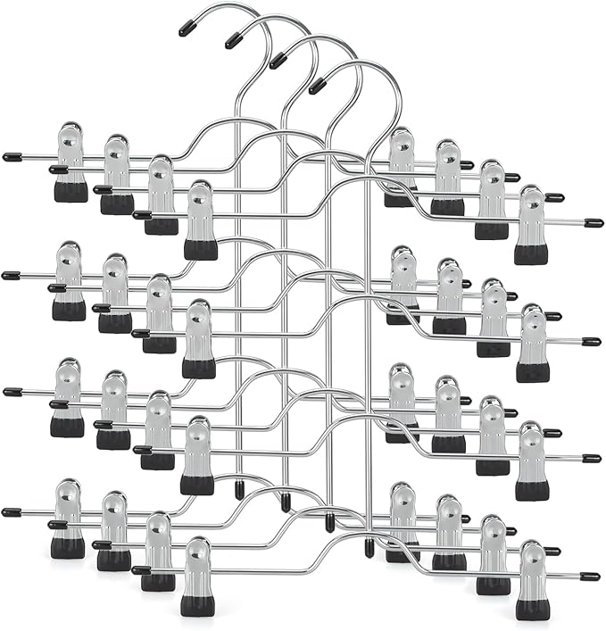 TOPIA HANGER 4 Tier Metal Skirt Hangers for Women, Pants Hanger Space Saving with Adjustable Clips, Gain 70% More Space, Non Slip Grip for Slacks, Trousers, Shorts, Jeans, Towels, Black, 4-Pack, CT61B
