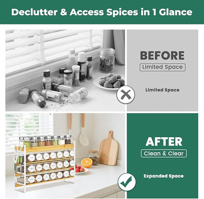 EsLuker.ly Spice Seasoning Rack Organizer Kitchen Countertop, 4 Tier Bamboo Spice Shelf Holder Storage with 4 Hooks, Wall Mounted Freestanding Stand for Pantry, Bamboo-White(Jars Not Included)