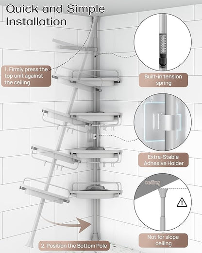 ALLZONE Corner Shower Caddy Tension Pole, Extendable Rustproof Stainless Steel Pole & 4-Tier Adjustable Shelves for Easy Drainage and Built-to-Last Stability, 34 to 116 Inches, Grey