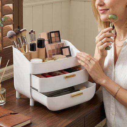 novelinks 3-Tier Skincare Makeup Organizer with Drawers, Large Capacity Vanity Storage Box, Desktop Cosmetic Organizer for Bathroom, Dresser & Vanity Countertop, White