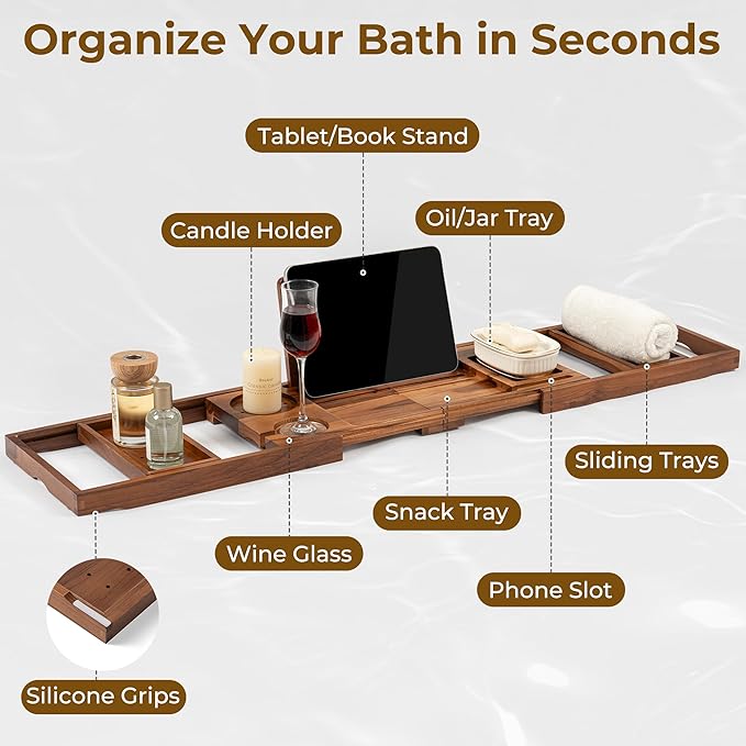 Venusmiles Teak Bathtub Tray Caddy, Foldable Bath Tray with Expandable Handles, Wine Glass and Phone Holders, Book Stand, for Home Spa Relaxation, Luxury Bathroom Accessories - Light Walnut Color
