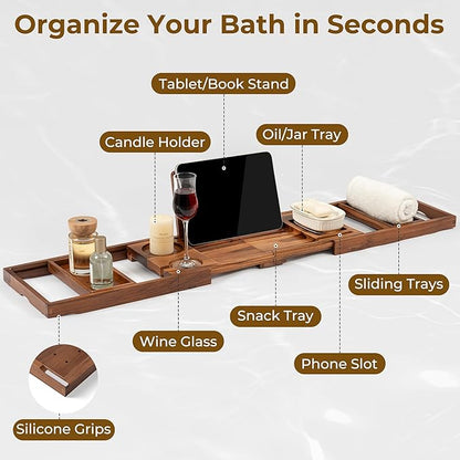 Venusmiles Teak Bathtub Tray Caddy, Foldable Bath Tray with Expandable Handles, Wine Glass and Phone Holders, Book Stand, for Home Spa Relaxation, Luxury Bathroom Accessories - Light Walnut Color