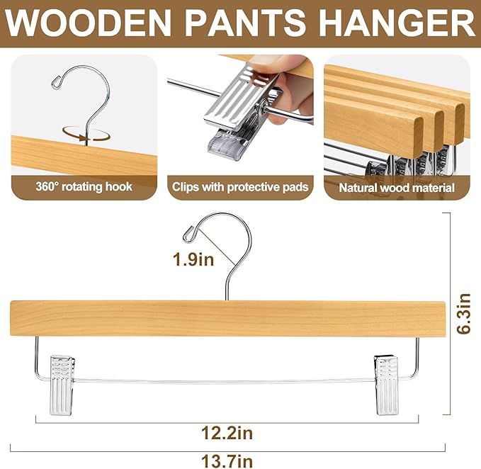 BAGAIL 20 Pack Wooden Pants Hangers with Adjustable Clips, 360°Swivel Hook Space Saving Skirt Holders with Anti-Rust Clips for Trousers, Jeans, Shorts (Natural)