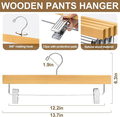 BAGAIL 20 Pack Wooden Pants Hangers with Adjustable Clips, 360°Swivel Hook Space Saving Skirt Holders with Anti-Rust Clips for Trousers, Jeans, Shorts (Natural)