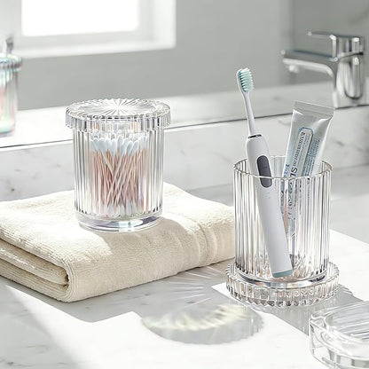 2 Pack Glass Qtip Holder Dispenser Set - Bathroom Organizer for Cotton Swabs, Balls, Pads, Floss Picks - Clear Apothecary Jars for Vanity, Makeup Storage, Bathroom Accessories Decor (Iridescent)