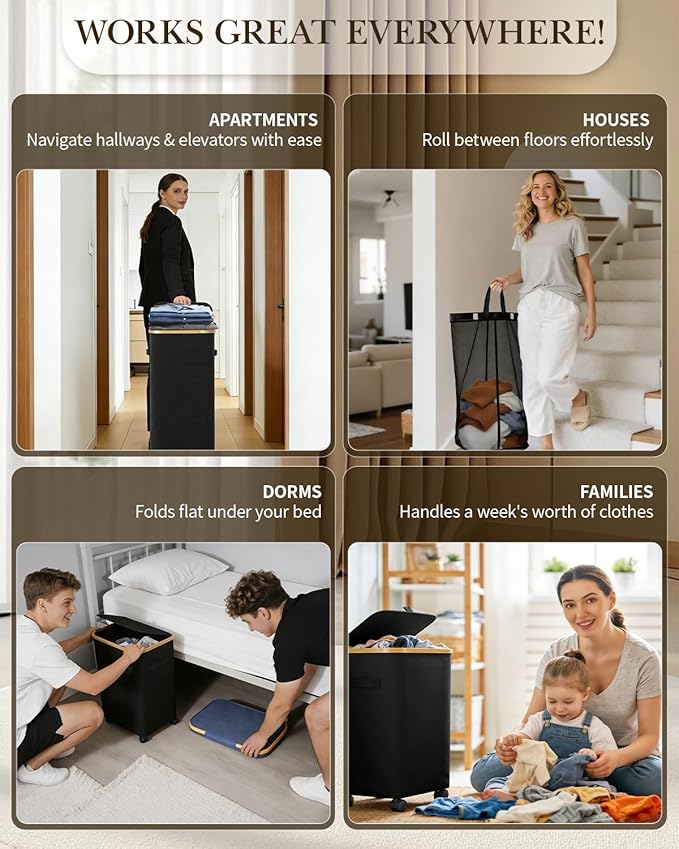 Laundry Hamper with Wheels, 110L Large Clothes Hamper with Removable Inner Bag, Collapsible Dirty Clothes Basket for Dorm, Rolling Dirty Clothes Basket for, Bedroom, Bathroom, Laundry Room