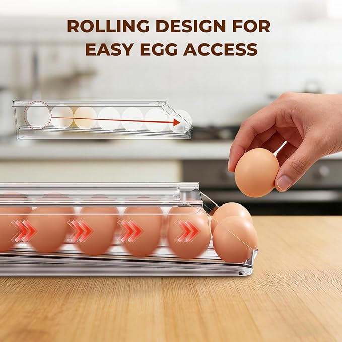 Egg Holder for Fridge,Automatic Rolling Egg Container for Refrigerator,Clear Stackable Egg Organizer with Removable Lid for Fridge Organizers and Storage,1 pack