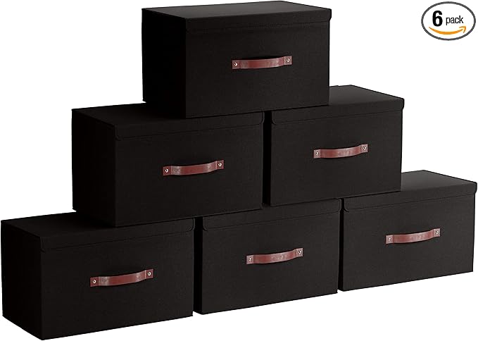 Ornavo Home 6 Pack Collapsible Storage Bins with Lid, Foldable Linen Fabric Shelf Storage Basket Closet Organizer and Large Storage Box for Clothes with Leather Handles, 16.5 x 11.8 x 7.5, Black