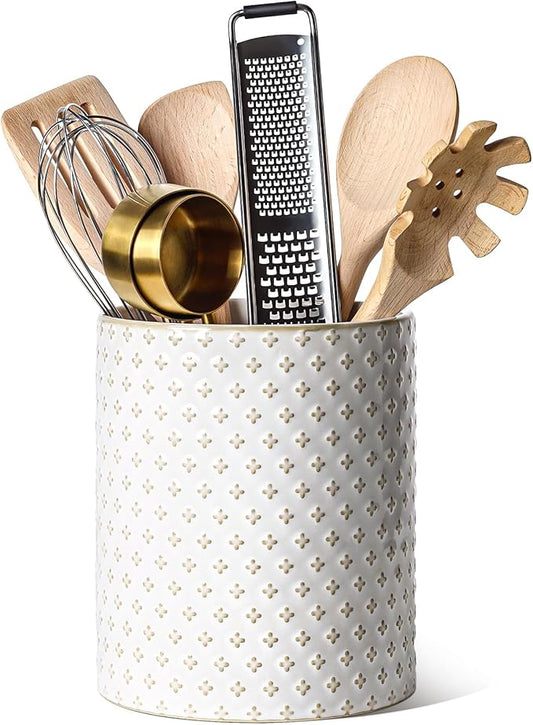 LE TAUCI Utensil Holder for Kitchen Counter - 7.1" Large Ceramic Kitchen Utensil Holder, Embossed Cooking Utensil Crock for Spatula, Spoon - Farmhouse Kitchen Decor & Organizer, White, Clover