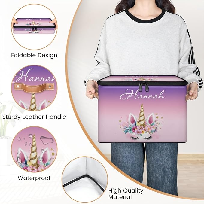 Custom Unicorns Storage Bins with Lid, Foldable Personalized Storage Basket Boxes with Handle Shelf Basket Closet Organizer Cube