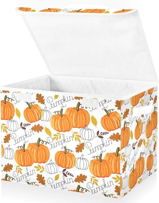 senya Thanksgiving Baskets Collapsible Storage Bins with Lids, Pumpkin Leaf Fall Autumn Thanksgiving Storage Boxes Clothes Baskets for Organizing