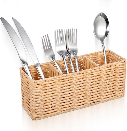 Ptwola Wicker Flatware Silverware Caddies Woven Kitchen Cutlery Organizer Utensil Holder Party Condiment Storage Carrier Basket for Table Countertop Holds Forks Knives Spoons Napkins