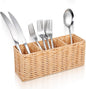 Ptwola Wicker Flatware Silverware Caddies Woven Kitchen Cutlery Organizer Utensil Holder Party Condiment Storage Carrier Basket for Table Countertop Holds Forks Knives Spoons Napkins