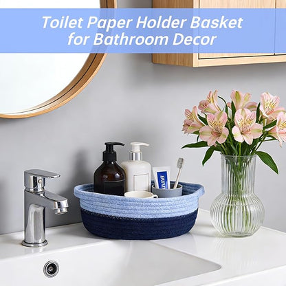 Toilet Paper Basket–Beautiful Blue Woven Bathroom Organizer Toilet Tank Storage Basket, Oval Shelves Rope Cotton Bin with Handles, Decorative Over Bathroom Decor Paper Holder, 13"D x 4.5"H IN