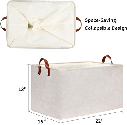 DULLEMELO Large Beige Storage Basket 70L Oversized Canvas Fabric Storage Bin, Collapsible Rectangular Toys Basket Organizer with Handles, 22X15 Storage Container for Clothes, Blankets, Pillows